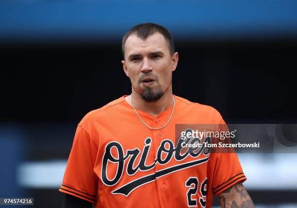 Jace Peterson of the Baltimore Orioles at the end of the eighth inning during MLB game action against the Toronto Blue Jays at Rogers Centre on June...