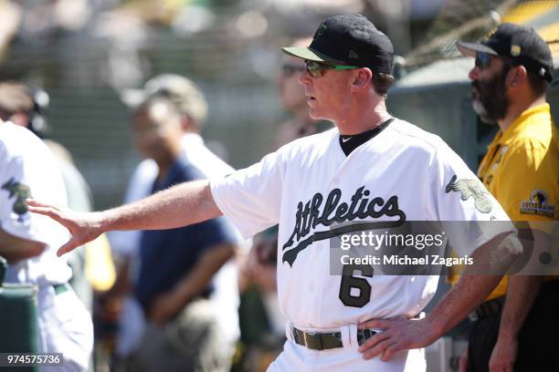 Manager Bob Melvin of the Oakland Athletics waits to use a replay during the game against the Tampa Bay Rays at the Oakland Alameda Coliseum on May...