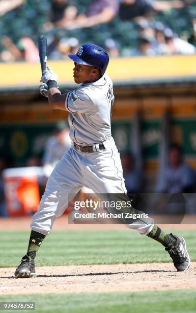 Mallex Smith of the Tampa Bay Rays bats during the game against the Oakland Athletics at the Oakland Alameda Coliseum on May 28, 2018 in Oakland,...