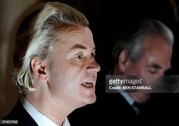 Dutch far-right lawmaker Geert Wilders, and UK Independence Party leader Lord Pearson, address a press conference in London, on March 5, 2010....