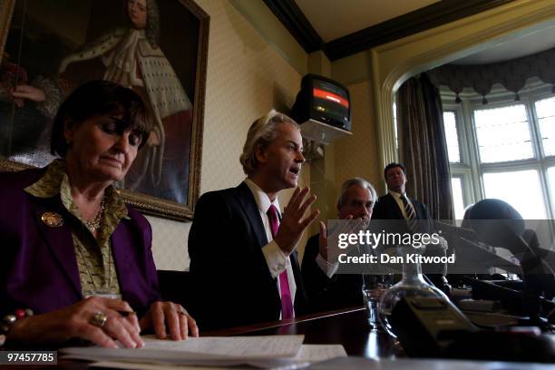 Dutch MP, Geert Wilders , Baroness Cox , and Leader of UKIP Lord Pearson of Rannoch speak during a press conference at 1 Abbey Gardens on February...