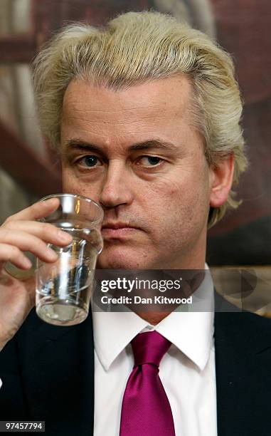 Dutch MP, Geert Wilders speaks during a press conference at 1 Abbey Gardens on February 05, 2010 in London, England. Mr Wilders was banned from...