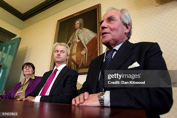 Dutch MP, Geert Wilders , Baroness Cox , and Leader of UKIP Lord Pearson of Rannoch speak during a press conference at 1 Abbey Gardens on February...