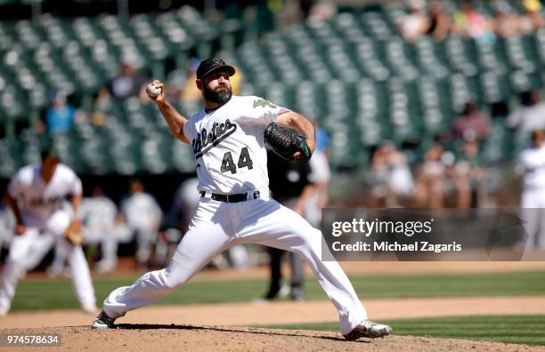 Chris Hatcher of the Oakland Athletics pitches during the game against the Tampa Bay Rays at the Oakland Alameda Coliseum on May 28, 2018 in Oakland,...