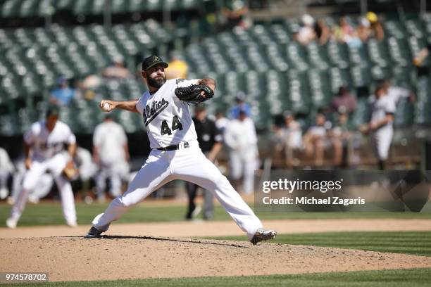 Chris Hatcher of the Oakland Athletics pitches during the game against the Tampa Bay Rays at the Oakland Alameda Coliseum on May 28, 2018 in Oakland,...