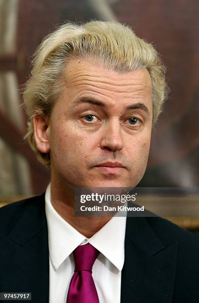 Dutch MP, Geert Wilders speaks during a press conference at 1 Abbey Gardens on February 05, 2010 in London, England. Mr Wilders was banned from...