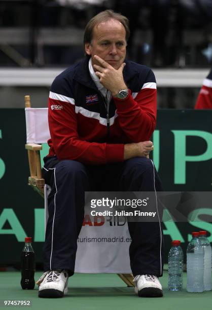 Captain, John Lloyd looks on during day one of the Davis Cup Tennis match between Lithuania and Great Britain at the SEB Arena on March 5, 2010 in...