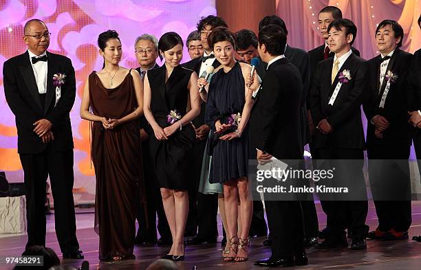 Director Isshin Inudo, actresses Tae Kimura, Miki Nakatani and Ryoko Hirosue from the film "Zero Focus" attend the 33rd Japan Academy Aawrds at Grand...