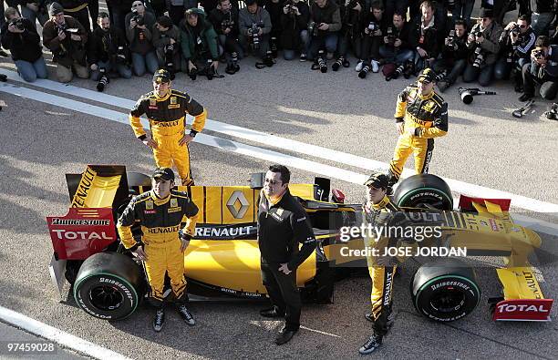 Renault Polish driver Robert Kubica , Russian driver Vitaly Petrov , Chinese driver Ho-Pin Tung , French Team Principal Eric Boullier and Belgian...