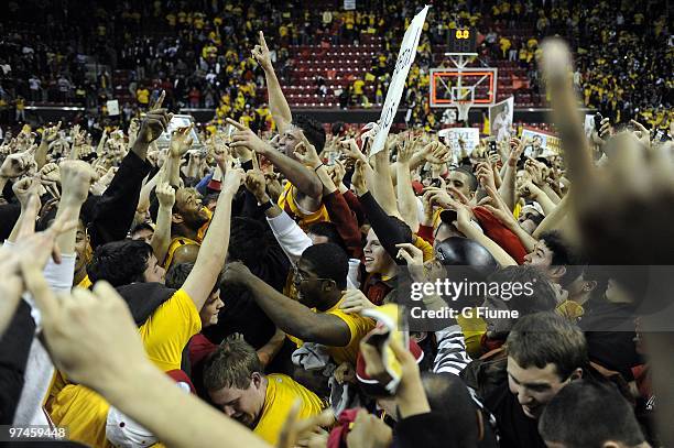 Greivis Vasquez of the Maryland Terrapins celebrates with fans after a 79-72 victory against the Duke Blue Devils at the Comcast Center on March 3,...