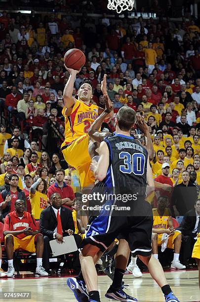 Greivis Vasquez of the Maryland Terrapins shoots the ball against the Duke Blue Devils at the Comcast Center on March 3, 2010 in College Park,...