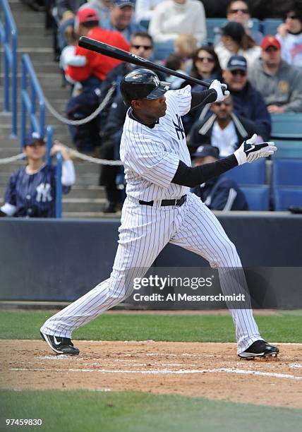 Designated hitter Marcus Thames of the New York Yankees bats against the Pittsburgh Pirates on March 3, 2010 at the George M. Steinbrenner Field in...