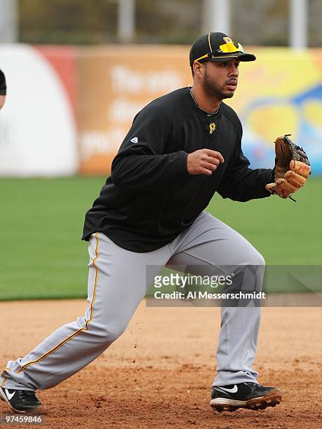 Infielder Pedro Alvarez of the Pittsburgh Pirates takes infield practice before play against the New York Yankees on March 3, 2010 at the George M....