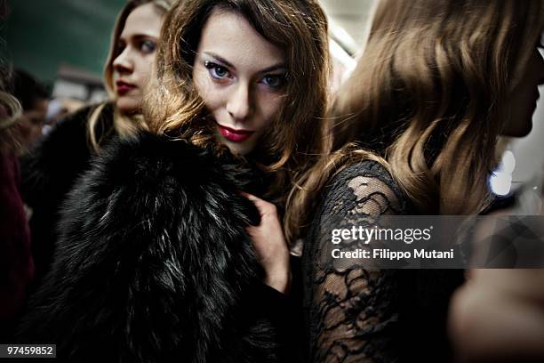 Models backstage, before the Seduzioni Diamond Valeria Marini Fashion Show, as part of the 2010/2011 Milan Fashion week on February 24, 2010 in...