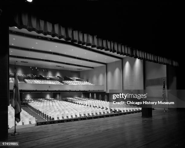Interior view of the auditorium at the Paul Laurence Dunbar Vocational High School, located in the South Side of Chicago, IL, 1957.