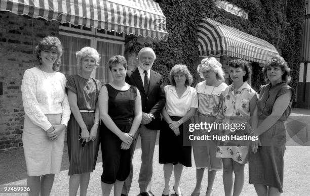 Chelsea Chairman Ken Bates poses with female members of the Chelsea office staff taken during a photocall held in 1983 at Stamford Bridge, in London,...