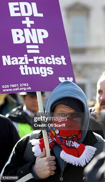 Anti-fascist protesters demonstrate against the arrival of far-right Dutch MP Geert Wilders and a demonstration by the English Defence League on...