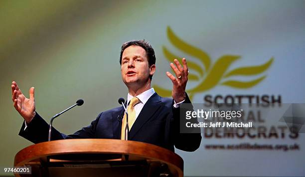 Liberal Democrat Party Leader Nick Clegg adresses the Scottish party conference on March 5, 2010 in Perth, Scotland. As the UK gears up for one of...