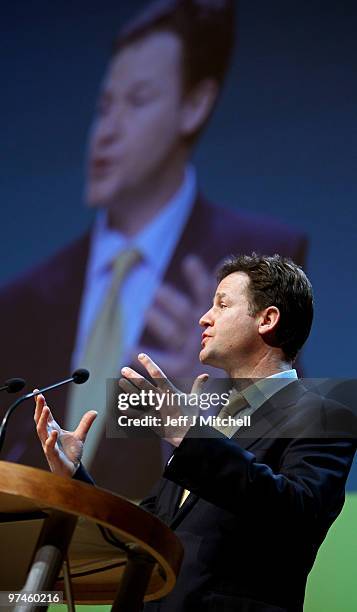 Liberal Democrat Party Leader Nick Clegg adresses the Scottish party conference on March 5, 2010 in Perth, Scotland. As the UK gears up for one of...