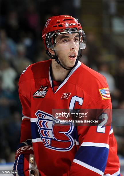 Jared Cowen of the Spokane Chiefs skates against the Kelowna Rockets at Prospera Place on March 3, 2010 in Kelowna, Canada.