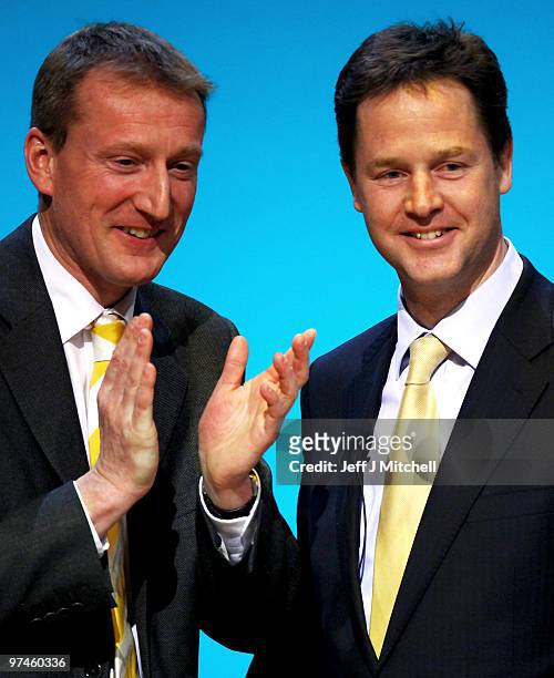 Liberal Democrat leader Nick Clegg shakes hands with Tavish Scott at the Scottish Party conference on March 5, 2010 in Perth, Scotland. Mr Clegg will...