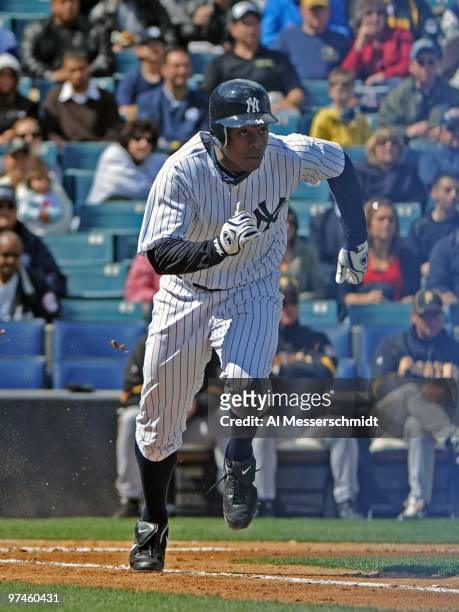 Outfielder Curtis Granderson of the New York Yankees bats against the Pittsburgh Pirates on March 3, 2010 at the George M. Steinbrenner Field in...