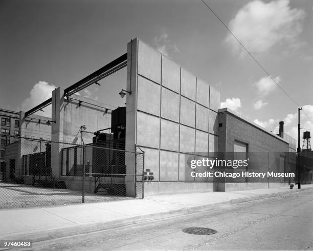 Exterior view of the Edison Electric Company's Kingsbury substation. Located on West Grand Avenue in Chicago, IL, 1953. Designed by Graham, Anderson,...