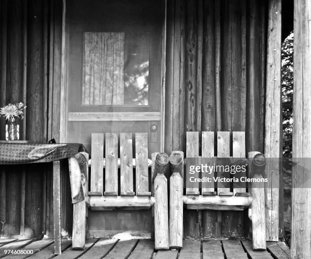 wooden armchairs on terrace, brunswick, maine, usa - brunswick maine stock pictures, royalty-free photos & images