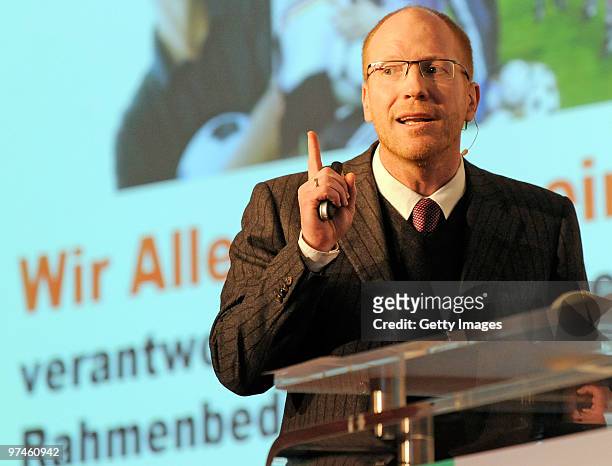 Sports director Matthias Sammer of German Football Association speaks during the DFB Youth Expert conference on March 5, 2010 in Frankfurt am Main,...