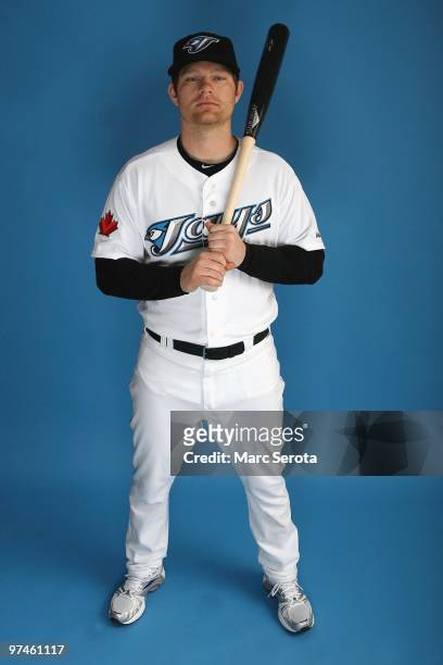 Adam Lind of the Toronto Blue Jays poses for photos during media day on March 1, 2010 in Dunedin, Florida.