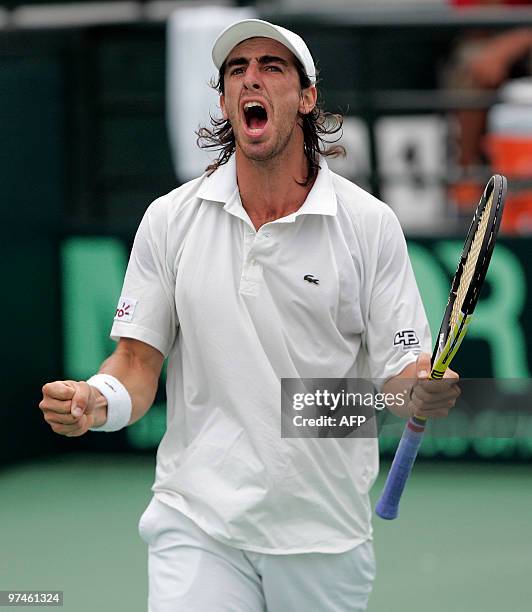 Uruguayan Pablo Cuevas celebrates a point agaisnt Dominican Jose Hernandez during their Copa Davis game in Santo Domingo, March 5, 2010. Cuevas won...