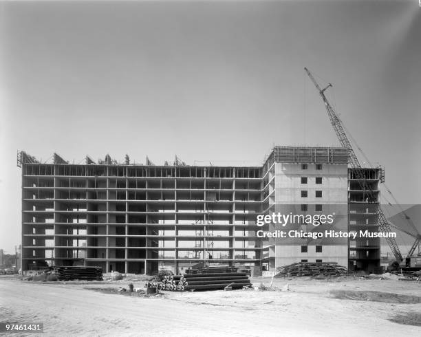 Various views of the construction of the Stateway Gardens public housing project, located in the Bronzeville neighborhood of Chicago's South Side,...