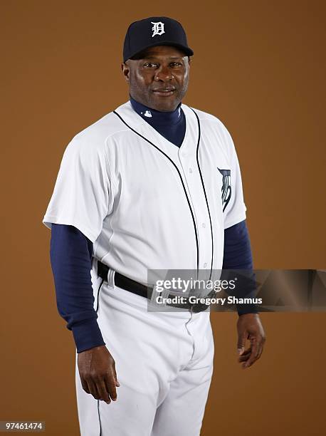 Batting Coach Lloyd McClendon of the Detroit Tigers poses during photo day at the Detroit Tigers Spring Training facility on February 27, 2010 in...