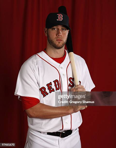 Jeremy Hermida of the Boston Red Sox poses during photo day at the Boston Red Sox Spring Training practice facility on February 28, 2010 in Ft....