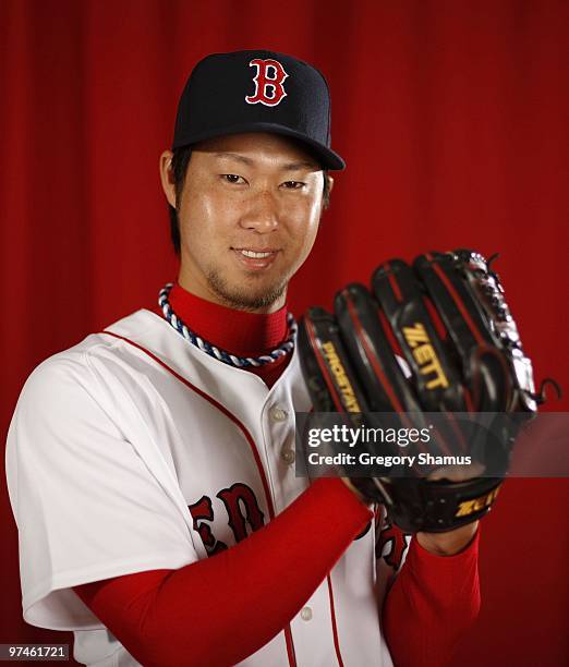 Junichi Tazawa of the Boston Red Sox poses during photo day at the Boston Red Sox Spring Training practice facility on February 28, 2010 in Ft....