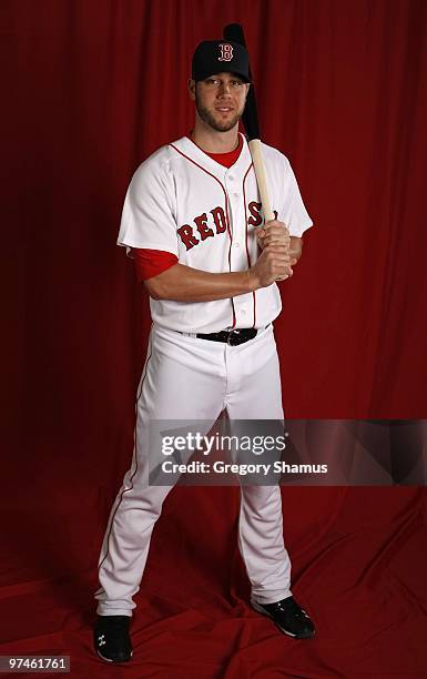 Jeremy Hermida of the Boston Red Sox poses during photo day at the Boston Red Sox Spring Training practice facility on February 28, 2010 in Ft....