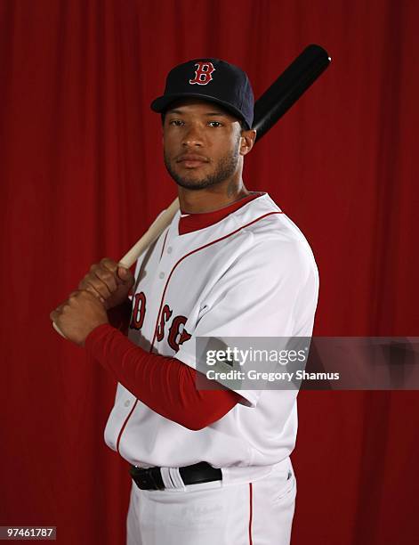 Darnell McDonald of the Boston Red Sox poses during photo day at the Boston Red Sox Spring Training practice facility on February 28, 2010 in Ft....