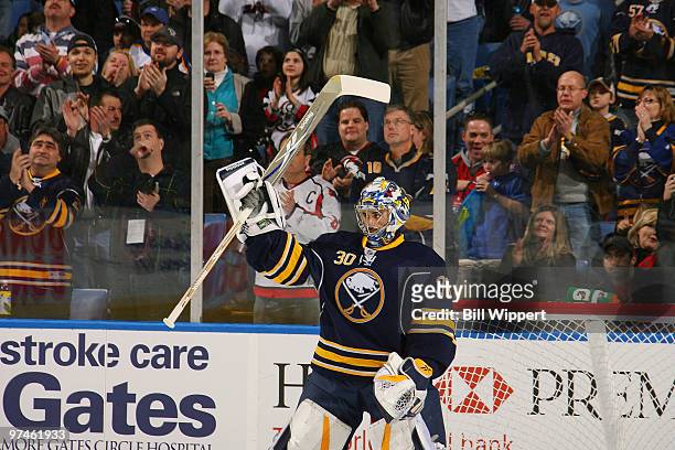 Goaltender Ryan Miller of the Buffalo Sabres acknowledges a standing ovation from fans before playing against the Washington Capitals on March 3,...