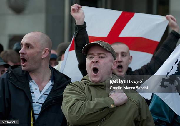 Members of the English Defence League stage a demonstration in support of Dutch MP Geert Wilders on March 5, 2010 in London, England. Mr Wilders was...