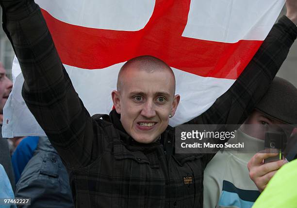 Members of the English Defence League stage a demonstration in support of Dutch MP Geert Wilders on March 5, 2010 in London, England. Mr Wilders was...
