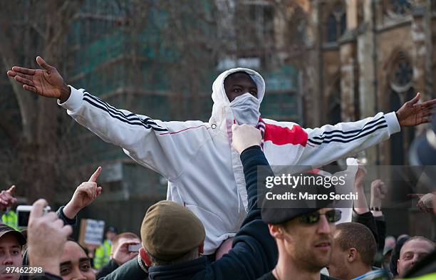 Members of the English Defence League stage a demonstration in support of Dutch MP Geert Wilders on March 5, 2010 in London, England. Mr Wilders was...