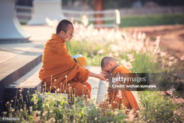 novice pay to monks - showing respect fotografías e imágenes de stock