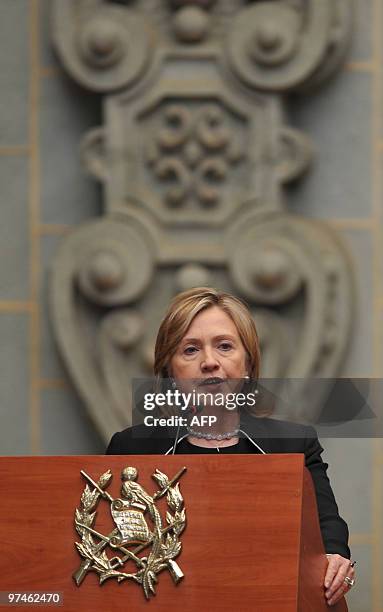 Secretary of State Hillary Rodham Clinton speaks during a joint press conference with Guatemalan President Alvaro Colom , at the National Palace of...