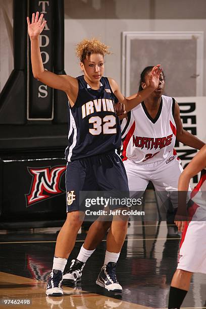 Mikah Maly-Karros of the UC Irvine Anteaters positions for the ball against Felicia Walker of the Northridge Matadors on February 27, 2010 at the...