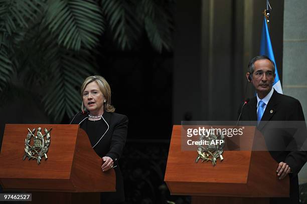 Secretary of State Hillary Rodham Clinton speaks during a joint press conference with Guatemalan President Alvaro Colom , at the National Palace of...