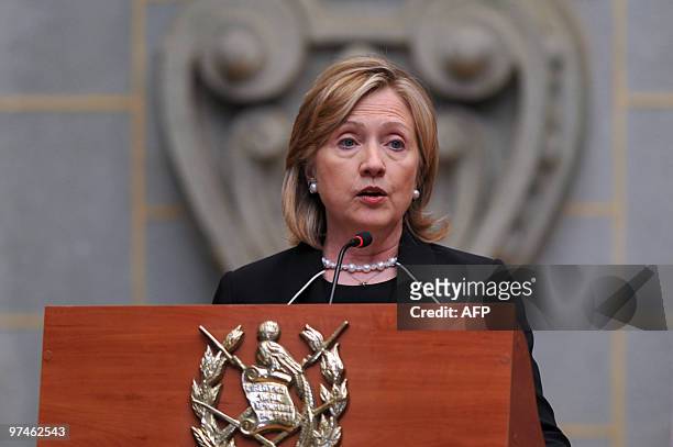 Secretary of State Hillary Rodham Clinton speaks during a joint press conference with Guatemalan President Alvaro Colom , at the National Palace of...
