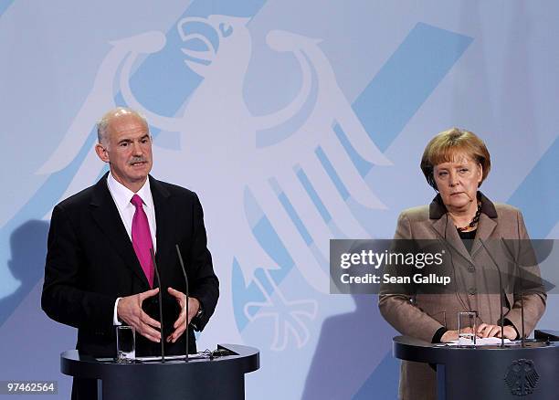 German Chancellor Angela Merkel and Greek Prime Minister George Papandreou speak to the media following talks at the Chancellery on March 5, 2010 in...