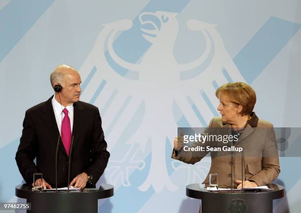 German Chancellor Angela Merkel and Greek Prime Minister George Papandreou speak to the media following talks at the Chancellery on March 5, 2010 in...