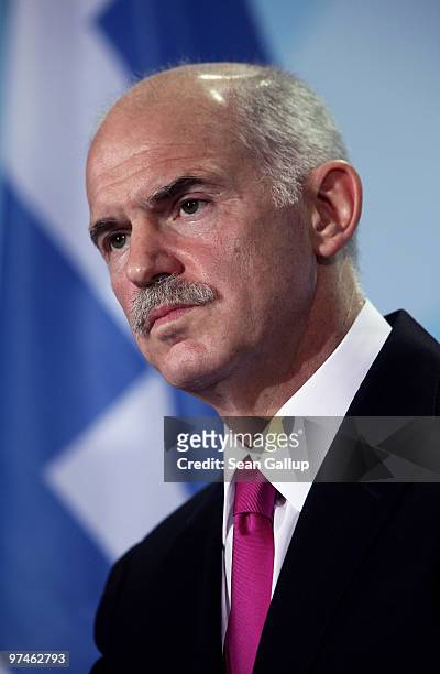Greek Prime Minister George Papandreou speaks to the media following talks with German Chancellor Angela Merkel at the Chancellery on March 5, 2010...