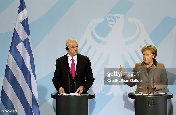 German Chancellor Angela Merkel and Greek Prime Minister George Papandreou speak to the media following talks at the Chancellery on March 5, 2010 in...